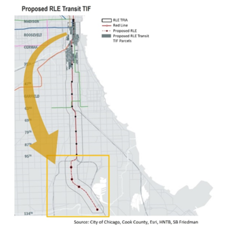 The city of Chicago is proposing to fund the Red Line Extension on the Far South Side with TIF funds from downtown and the Near South Side. Image: City of Chicago