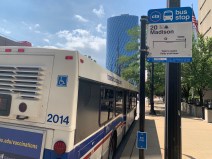 A tactile bus stop sign on a bus stop pole along the #20 Madison route. Photo: CTA