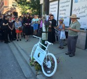 Ghost bike memorial ceremony for Lisa Kuivinen, 20, fatally struck in August 2016 while riding in a painted bike lane at Milwaukee Avenue and Racine Avenue in River West. Photo: Steven Vance