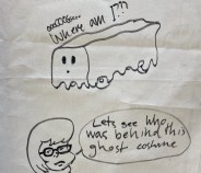 A "Scooby Doo"-inspired cartoon drawn on a banner at this morning's I'm Late protest at CTA headquarters.