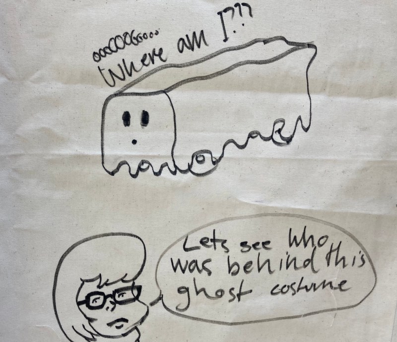 A "Scooby Doo"-inspired cartoon drawn on a banner at this morning's I'm Late protest at CTA headquarters.