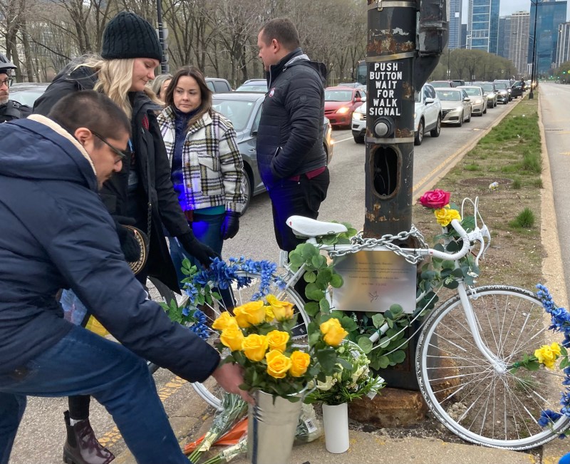 The ghost bike installation ceremony for Gerardo Marciales, 41, last April at Balbo/DLSD. Photo: John Greenfield